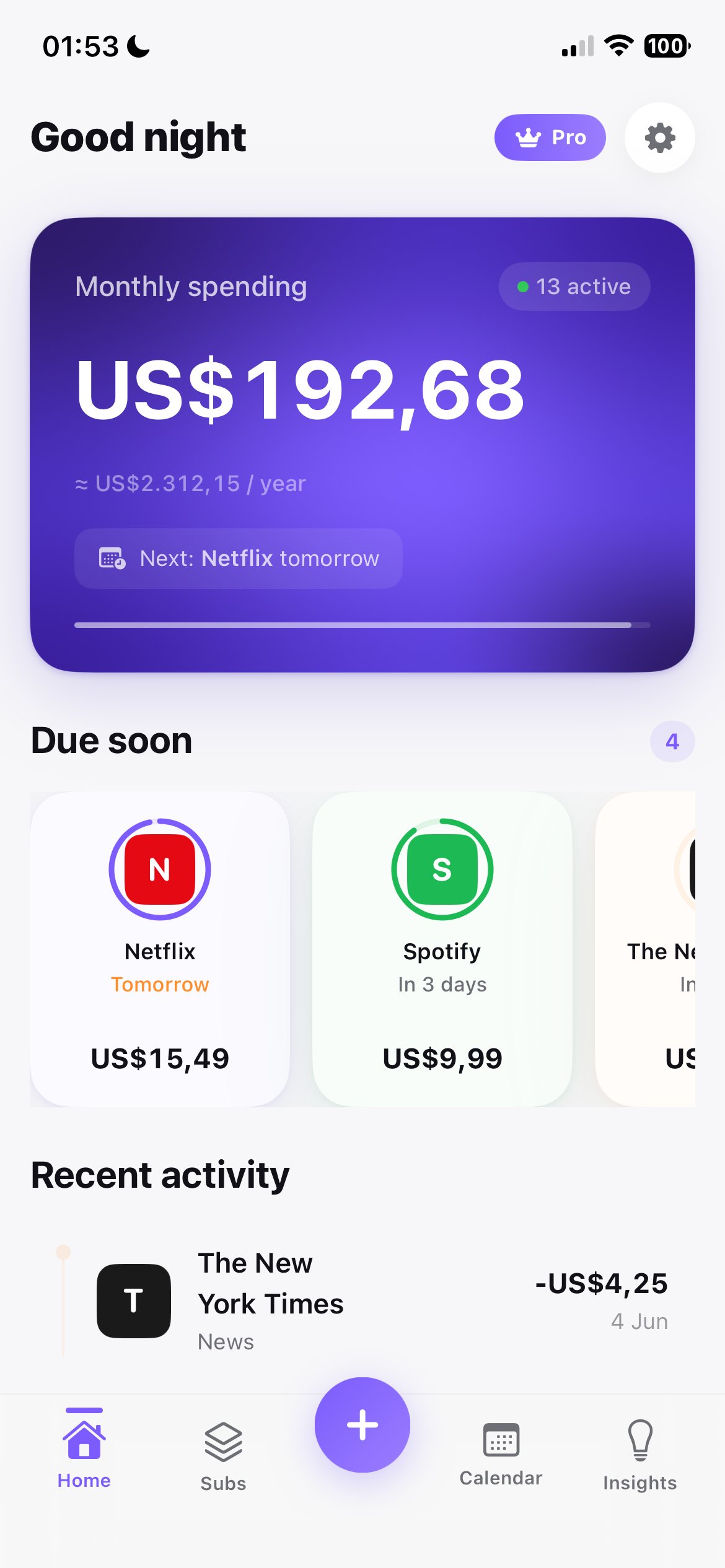 Subly home screen with monthly spending