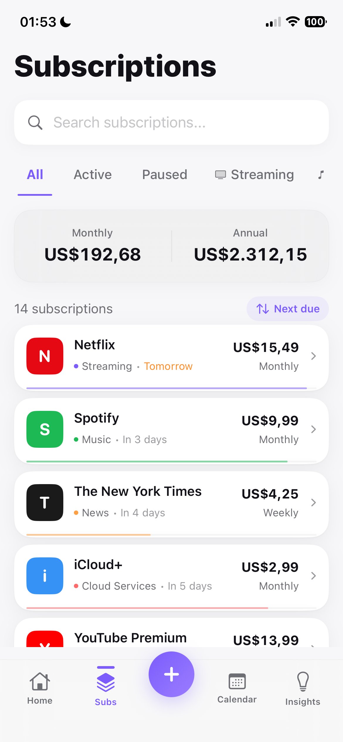Subly subscription manager screen