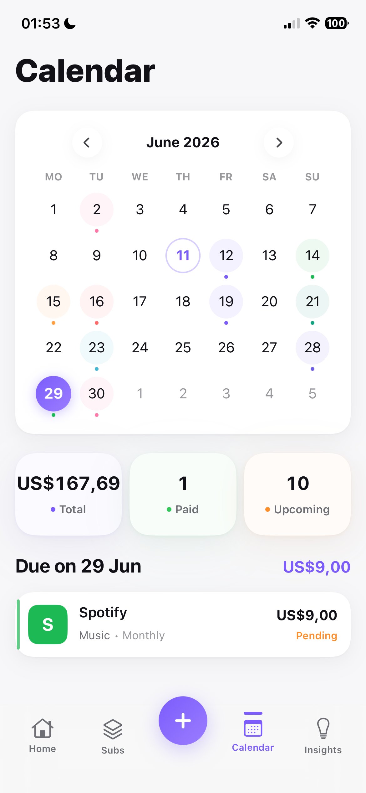 Subly bill calendar with renewal reminders